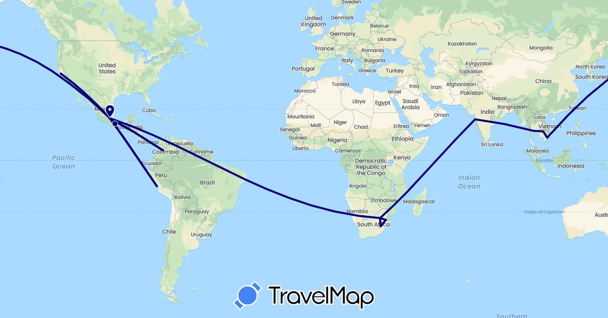 TravelMap itinerary: driving in Colombia, Guatemala, India, Cambodia, Lesotho, Mexico, Peru, Thailand, United States, Vietnam, South Africa (Africa, Asia, North America, South America)